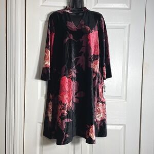 Sandra Darren Black Velvet Dress Women 16 Floral Print Long Sleeve Keyhole Neck
